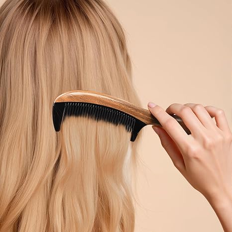 Natural Solid Wood Fine-Tooth Comb with Handle – Anti-Static Hair Grooming and Scalp Massage Comb